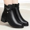 NEW Fall/Winter Women Shoes Pointed Toe Chunky Heel Boots Genuine Leather Shoes Women Retro Medium Heel Classic Black Boot. 