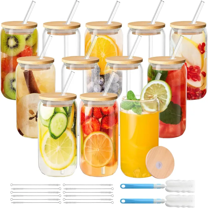 Drinking Glasses with Bamboo Lids and Glass Straw, Shaped Glass Cups ...