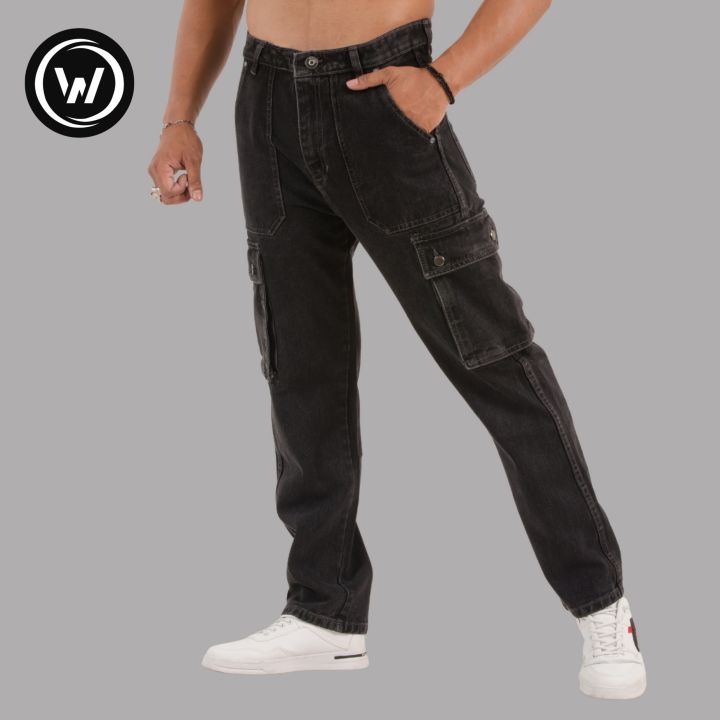 Wraon Black Grey Solid Premium Denim Cargo Jeans Pant For Men - Fashion | Pants For Men | Men's Wear | Cargo Pants |
