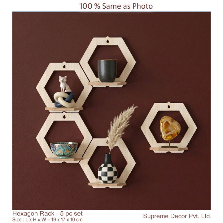 Formica%20laminated%20Hexagon%20Honeycomb%20Wall%20rack%20for%20Home%20Decor%20,%20Living%20Room%20&%20Office%20-%205%20pc%20set%20%20-%20Best%20Quality%20-%20By%20Supreme%20Decor%20-%20Image%203