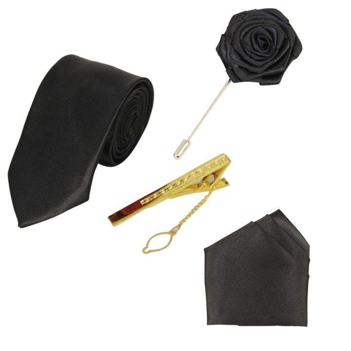 7Mm Plain Tie With Tie Pin, Coat Flower Batch & Hankey (Next What)