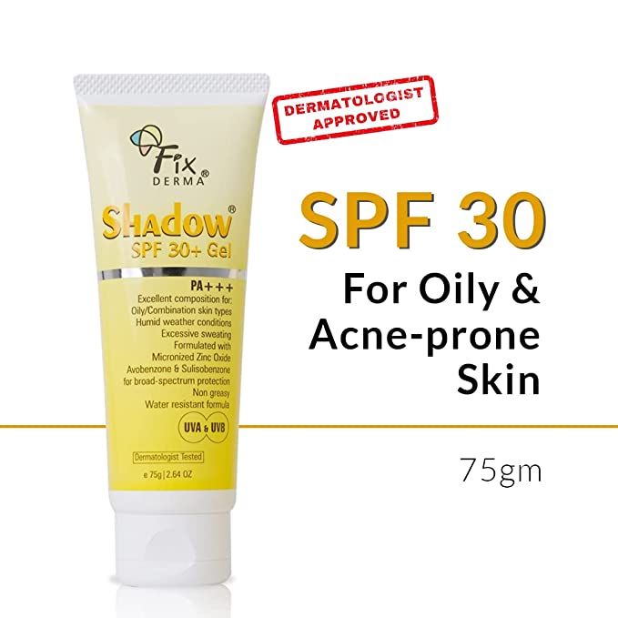 Fixderma Shadow Sunscreen SPF 30+ Gel For Oily Skin - Acne Prone, Offers PA+++ Protection, Broad Spectrum UVA and UVB Protection 75GM (Original)
