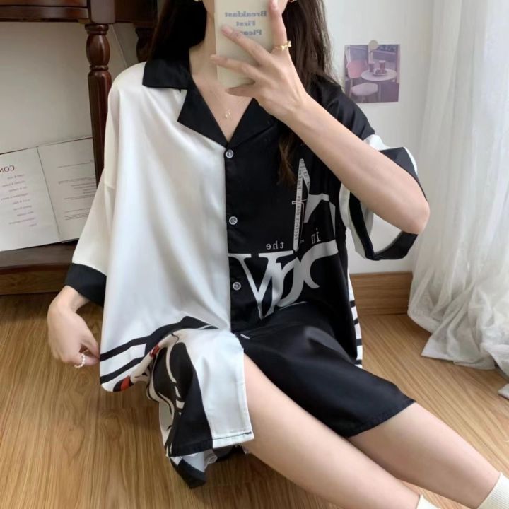Summer%20thin%20ice%20silk%20pajamas%20women's%20high-end%20Internet%20celebrity%20one-piece%20shirt%20dress%20pregnant%20women%20can%20wear%20mid-length%20short-sleeved%20nightdresses%20-%20Image%204