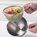 2Pcs/set sturdy Fine Mesh Stainless Steel Colander Large Capacity with Handle Drain Basket Measuring Scale Durable Scale Measuring Cup Vegetable Washing Basin. 