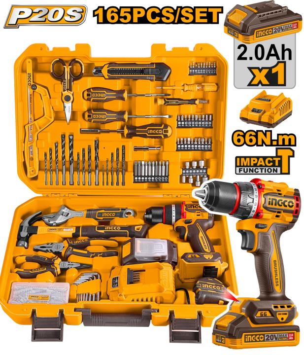 Ingco New 165 Piece Home Tool Set With Cordless 66nm Impact Drill, Screwdrivers Machine