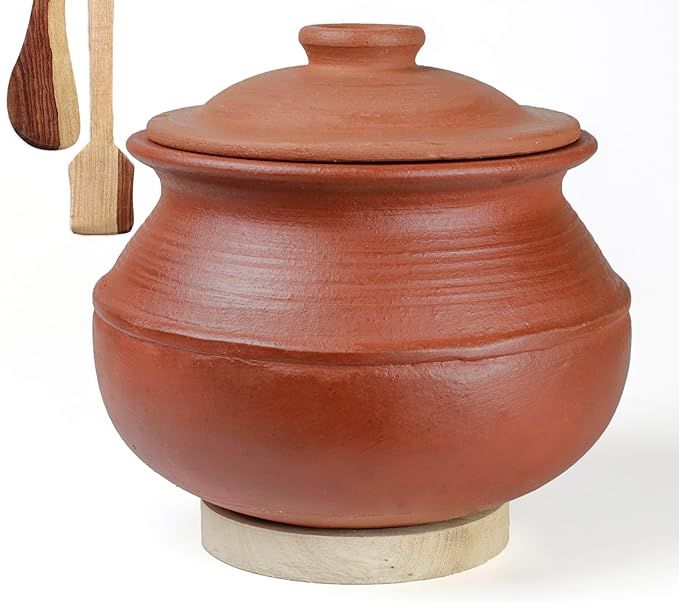 CLAY NEPAL Handi / Earthen Kasaudi / Mud / Mitti Pot with Lid for Cooking and Serving 4 Litre Big Size Eco-Friendly | Reusable and Washable | With Wooden Spatula 2 Pieces