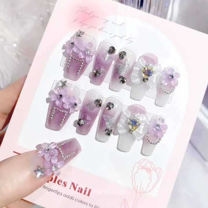 Fairy%20Flower%20Nails%20with%20White%20Bow%20Crystal%20Design%20Korean%20Sweet%20Style%20Nails%20for%20Lady%20Girls%20Artificial%20Nails%20Handmade%20-%20Image%202