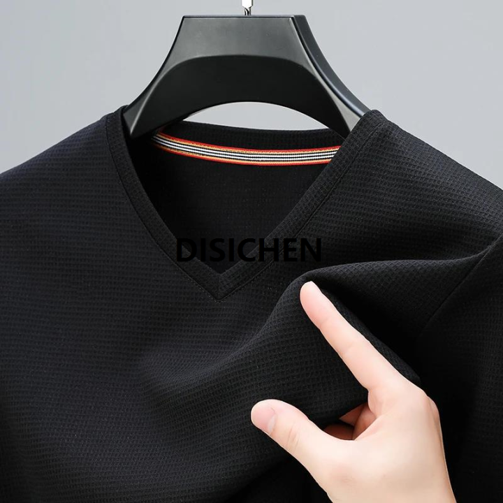 DISICHEN%202024%20Men's%20New%20Waffle%20V%20Neck%20Short%20Sleeved%20T-shirt%20Comfortable%20Top%202025%20New%20-%20Image%202