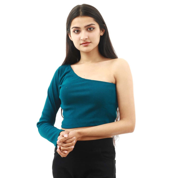 Shoulder Crop Tops One Side Drop Shoulder Tops Blue Cotton One