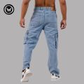 Wraon Light Blue Solid Premium Denim Cargo Jeans Pant For Men - Fashion | Pants For Men | Men's Wear | Cargo Pants |. 