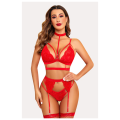 Women Lace Garter Lingerie Set with Removable Choker Teddy Babydoll Strappy Bra and Panty Set Free Size Red color (No Stockings). 