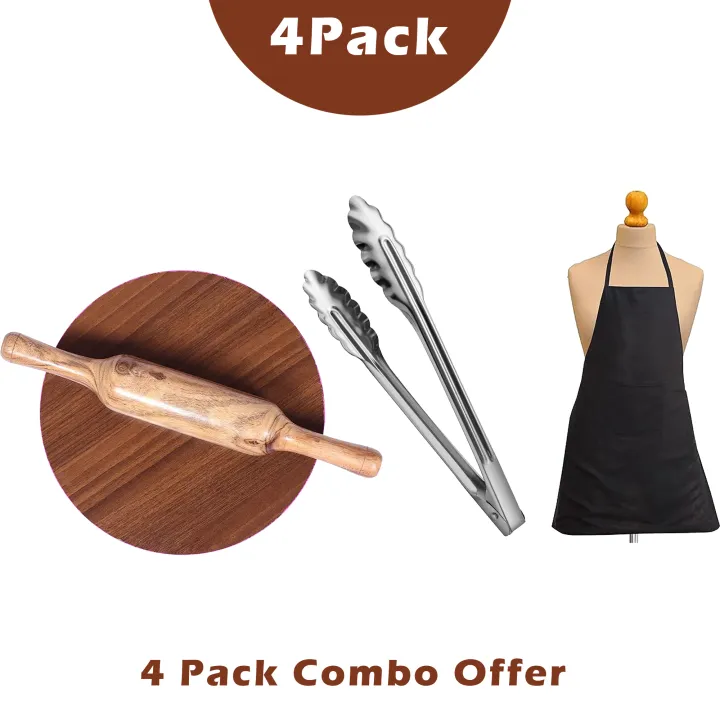 Traditional Roti Chimta 4-in-1 Combo – Wooden Chakla Belan Set + Stainless Steel Chapati Tong ...