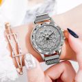 Luxury 360° Rotation Dial Fashion Starry Mesh Magnetic Buckle Casual Mesh Steel Strap Rhinestone Watches. 