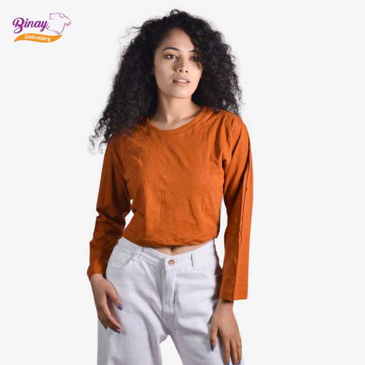 Binay Embroidery Bronze Color Full Sleeve Crop Top T-Shirt For