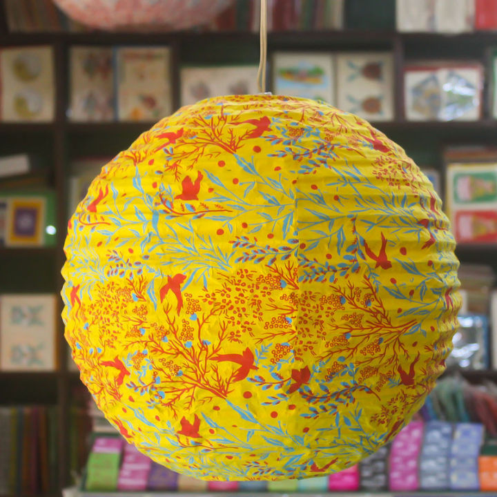 Yellow Abstarct Design Round Lokta Paper Hanging Ball Lamp Shade - 9.5*7"