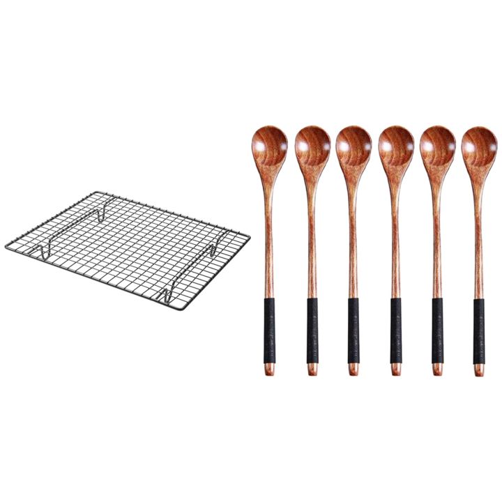 NAMUNY 1 Pcs Non-Stick Cake Cooling Rack Baking Rack & 6 Pcs Long Handled Wooden Spoons Wood Tea Coffee Spoon