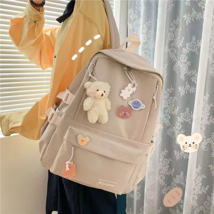 Bear%20Pendant%20Solid%20Color%20Backpack%20Cute%20Badge%20Large%20Capacity%20Shoulder%20Bag%20Handbag%20Students%20School%20Bag%20Students%20-%20Image%205