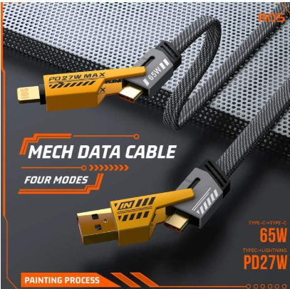 4 in 1 Fast Charging Cable (Type C/USB A/Lightning) Dual Type C PD 27W 65W Nylon Braided Cable | Flat Braided i-Phone Charging Cable with Velcro Multi Charging Cable Combo Type C/USB-A Ports