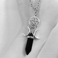 Triple Goddess Crystal Point Pentacle Moon Necklace, Moonstone Pendant Wiccan Witchcraft Collar Jewelry Women Creative Gift. 