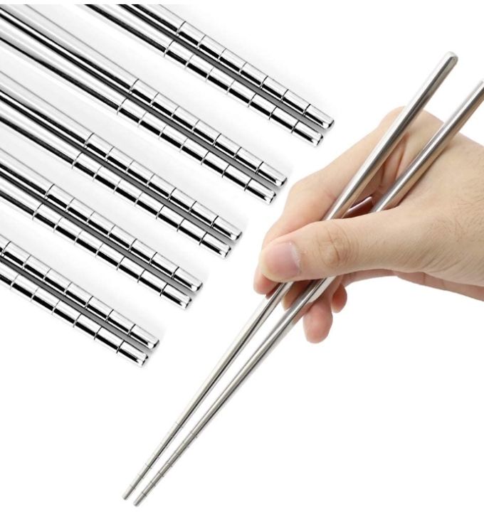 Stainless Steel Chopsticks Reusable Lightweight Metal Dishwasher Safe - 5 Pairs (Silver)