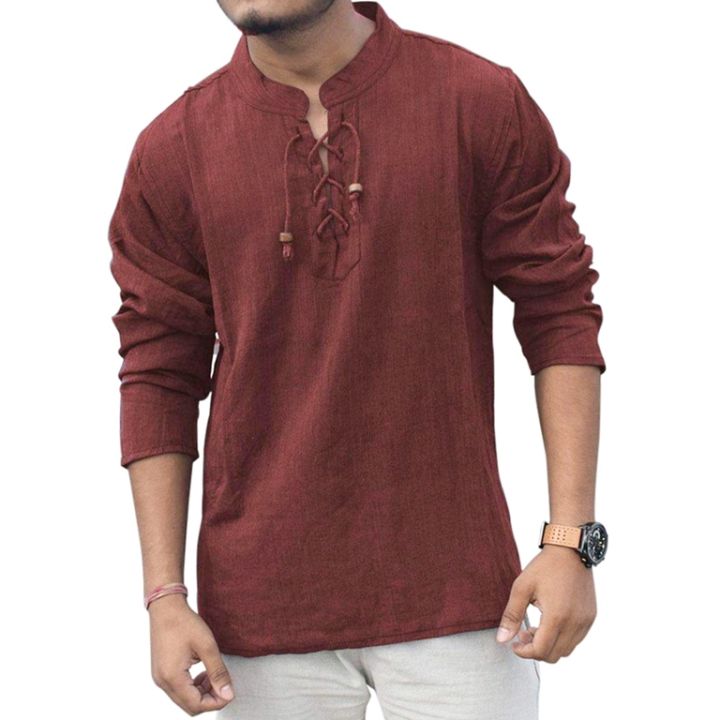 Men Cotton Laced Up Summer Kurta Shirts -Maroon