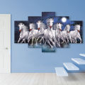 5 Panel Seven White Horse Force running on dark night on river matte canvas cotton print tightly wrapped in wooden frame | HQ | Great significance in vastu | XS | Not stickers nor forex board. 