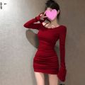 American sexy hot girl red long-sleeved dress women's spring and autumn new slim and thin inner skirt with hip wrap. 