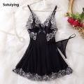 Sutuiying Sales promotion Contrast Lace Ruffle Trim Lingerie Sets Deep V Slip Babydoll Dress Thong Women's Lingerie Underwear. 
