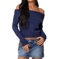 Off the Shoulder Sweater for Women 2025 Fall Fashion Cute Long Sleeve Tops Winter Ribbed Pullover Knit Outfits Dark Blue S. 