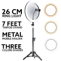 7 Feet Tripod Stand with 26CM LED Ring Light & Mobile Holder | Adjustable Aluminum Tripod for Photography, Reels, YouTube, TikTok, Makeup & Video Shooting | 26cm Selfie Ring Light with Phone Mount. 