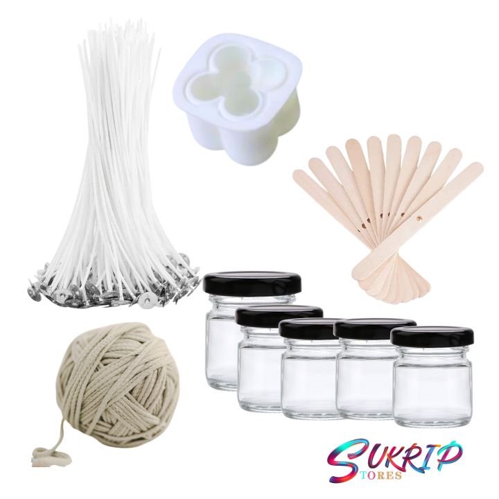 Candle Making Kits 3- Wicks, Cotton thread, Holder, Jars - 10 Pcs Each and Bubble Silicon Mold