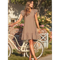 Women V Neck Summer Dress Khaki L. 