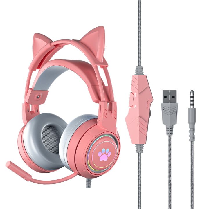 Cat Ear Gaming Headset For PS4 PC Nintendo Switch Tablet Smartphone, Stereo Surround Glowing LED Light RGB Ear Headphones With Mic
