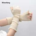 Wenefang 1pair Black Tattered Punk Unisex Fingerless Cuff Knit Gloves Women Men Elbow Length Mittens Broken Stretch Arm Warmer Gloves. 