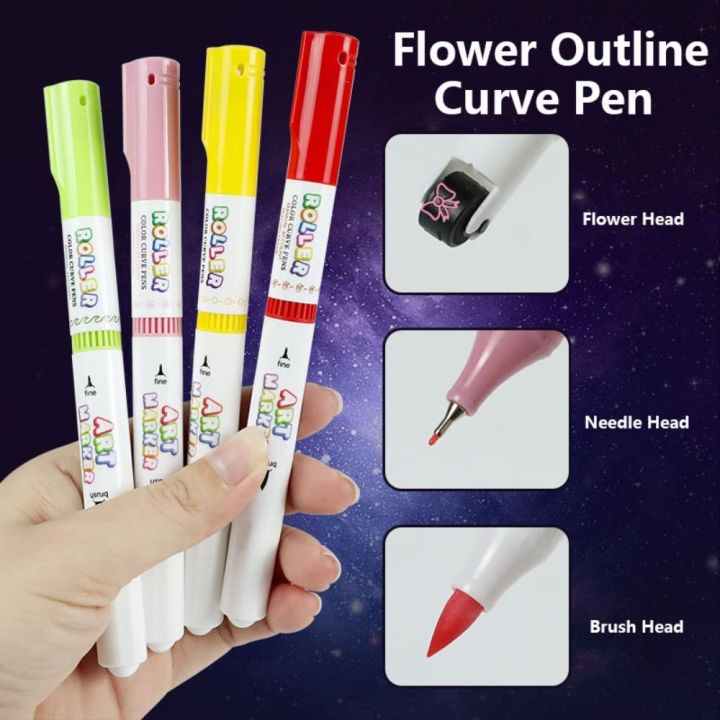8/12/24Colors Multifunction Flower Outline Roller Curve Pen 3-in-1 Drawing Tools Markers Pen Graffiti Multi-Function Water-based Pen Students