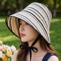 Fashion Ribbon Women Striped Fisherman Hat Solid Color Foldable Summer Sun Hat Wide Brim Breathable Bucket Hat Camping. 