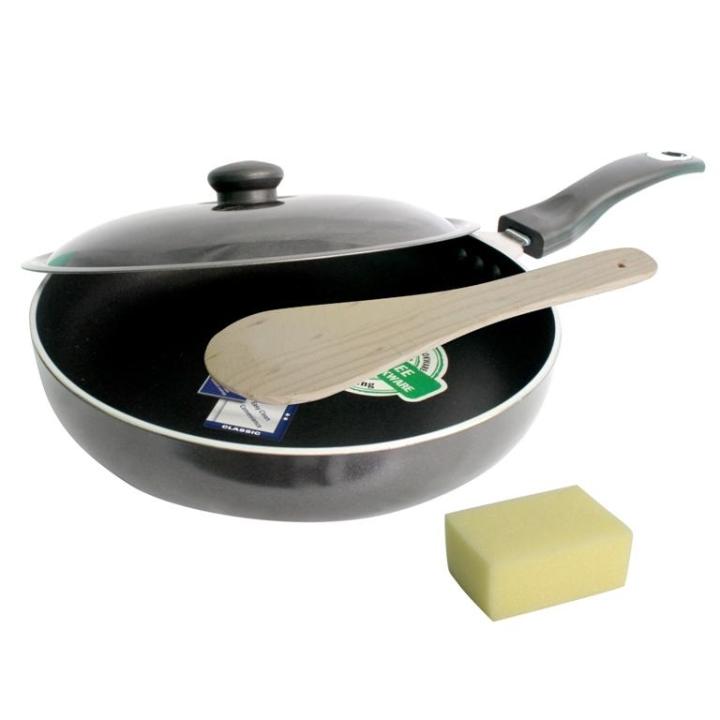 OK Black Non Stick Hard Anodized Fry Pan With Free Spatula And Scrubber - Large