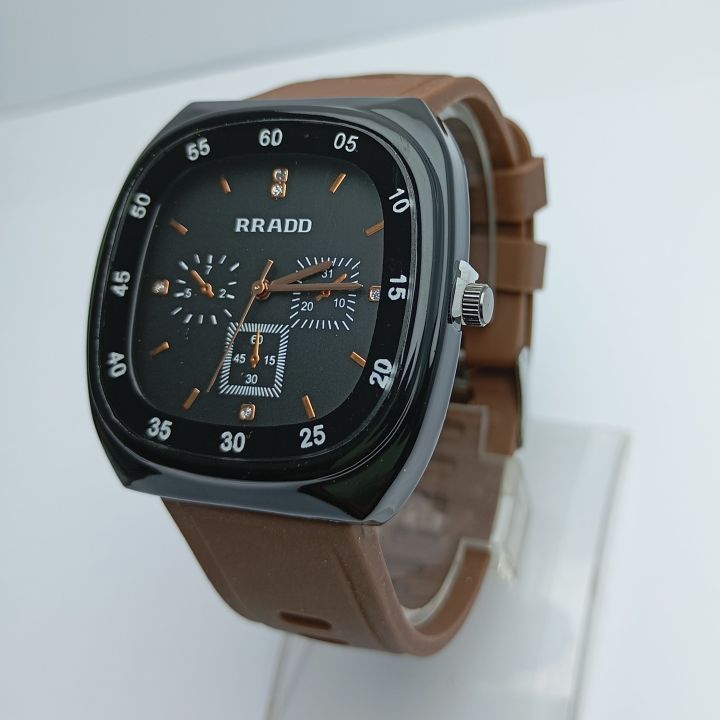 Square Shape Black Dial Brown Rubber Belt Best Quality Quartz Moment Casual Watch For Men || Sold By Watch House