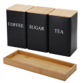 (GGBR) 3PCS Set Tea Coffee Sugar Canister Set with Tray Iron Tea and Coffee Jars with Bamboo Lid Coffee Sugar Tea Containers B. 