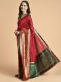 Red & Green Zari Silk Blend Banarasi Saree. 
