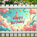 Birthday Backdrop Whimsical Theme Background Happy Colorful Photo Booth Party Decoration Pink Clouds Stars Streamers Children's. 