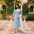 Fabdale Sky Blue Floral Print Straight Kurta Suruwal Set with Dupatta | Salwar Suit for Women | Wedding, Party & Festive Wear (RYEX-002). 