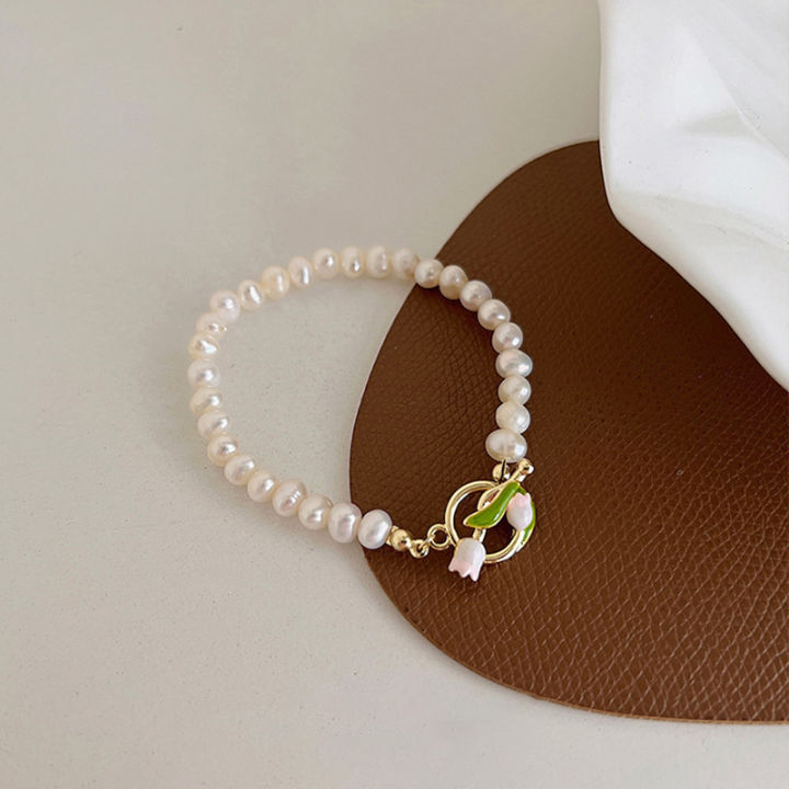 Korean%20Light%20Luxury%20Tulip%20Flower%20Bracelet%20For%20Women%20Zircon%20Pearl%20Beaded%20Bracelet%20MNP%20-%20Image%204