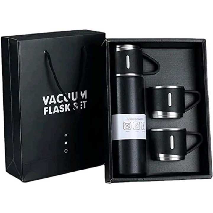 3 In 1 Vacuum Insulated Thermos Flask Bottle 500ml With 3 Cups Set ( Color May Vary)