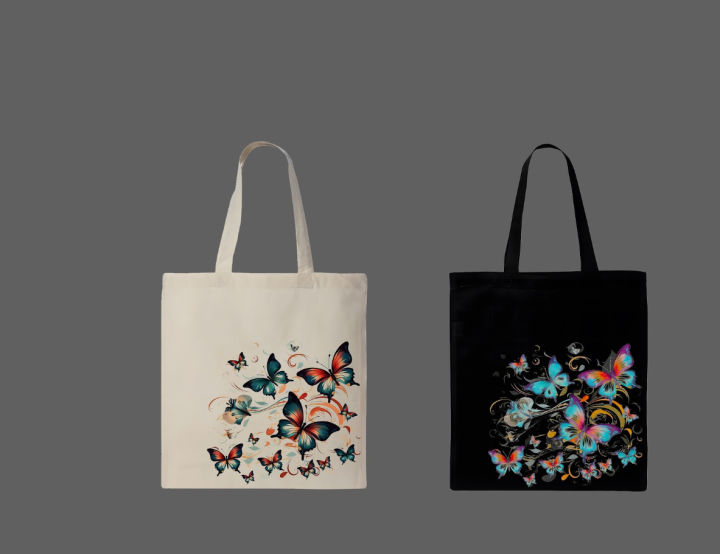 Flying Butterflies Swirl Graphic Printed Canvas Tote Bag– Eco-Friendly Cotton Shoulder Shopping Bag-White, Black