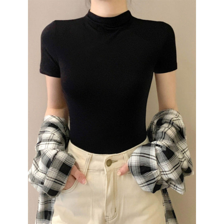Last%20Lady%20Black%20Crew%20Neck%20Short%20Sleeve%20T-Shirt%20Women's%20Spring-Summer%202025%20Ice%20Silk%20Mid%20Neck%20Top%20Tight%20Half%20Sleeve%20Base%20Shirt%20-%20Image%204