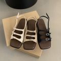 Retro Summer Buckle Sandals Elegant Square Toe Women Flat Sandals French Beach Roman Shoes Girls. 