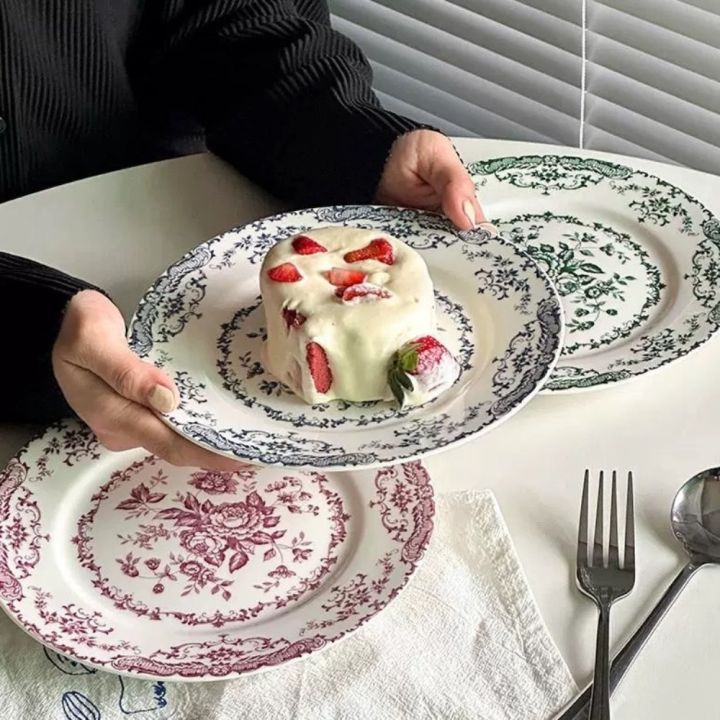 Dinner Set Retro Nordic Flower Pattern Disc Round Elegant Dinner Plate ...
