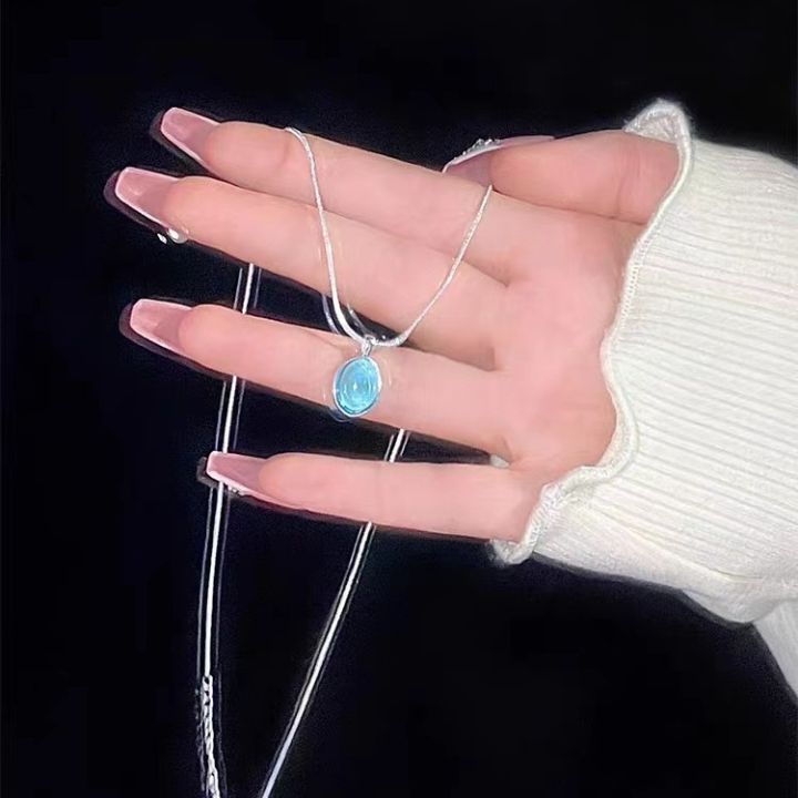 Sale%E3%80%91Moonstone%20Aquamarine%20Necklace%20Women's%20Light%20Luxury%20Niche%20Clavicle%20Chain%20Snake%20Bone%20Thin%20Woolen%20Chain%202023%20New%20Fashion%20-%20Image%202