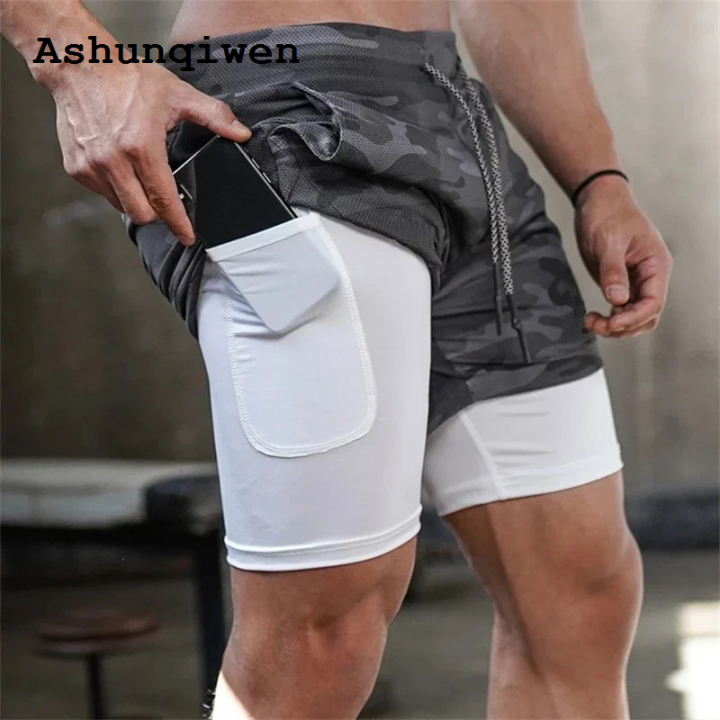Ashunqiwen Luxury New specials Gym Workout 2 in 1 Compression Shorts for Men Athletic Quick Dry Performance Shorts with Towel Loop Pockets Running Fitness